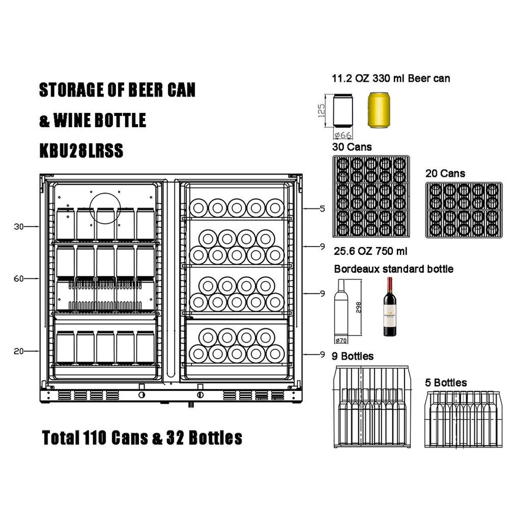 39" Under Counter Wine And Beer Fridge Combo - KingsBottle KBU28LRX - Premier Home Living